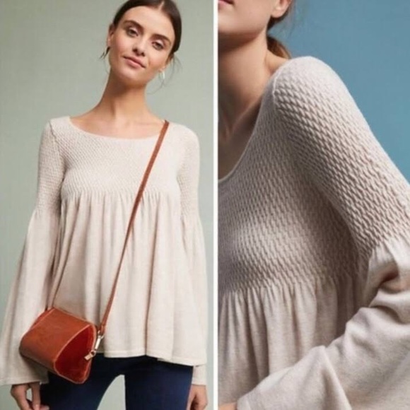 Anthro Knitted & Knotted Oatmeal Wool Blend Balloon Sleeve Babydoll Sweater Top - Picture 2 of 13